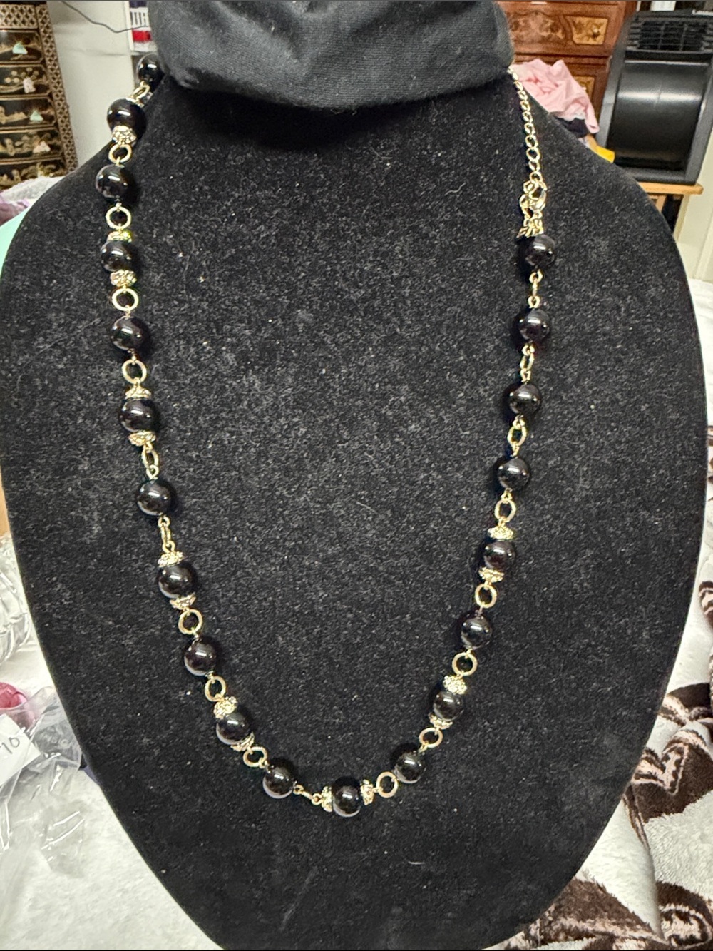 Banana Republic Black Bead Necklace with Gold-Tone Chain 30”